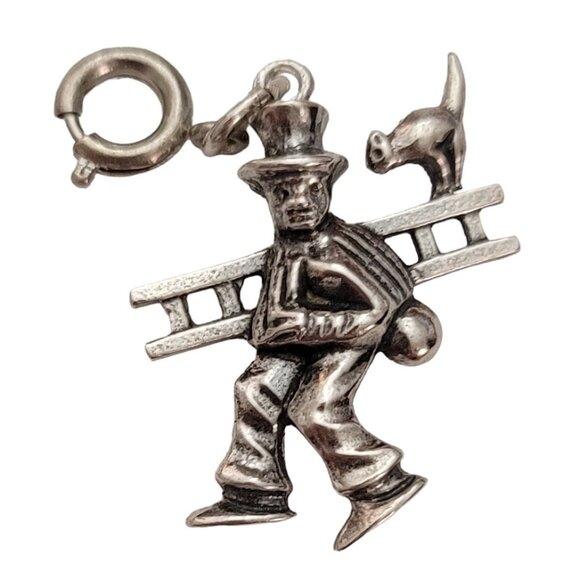 800 Silver Vintage Chimney Sweeper With Ladder And Cat Charm E333